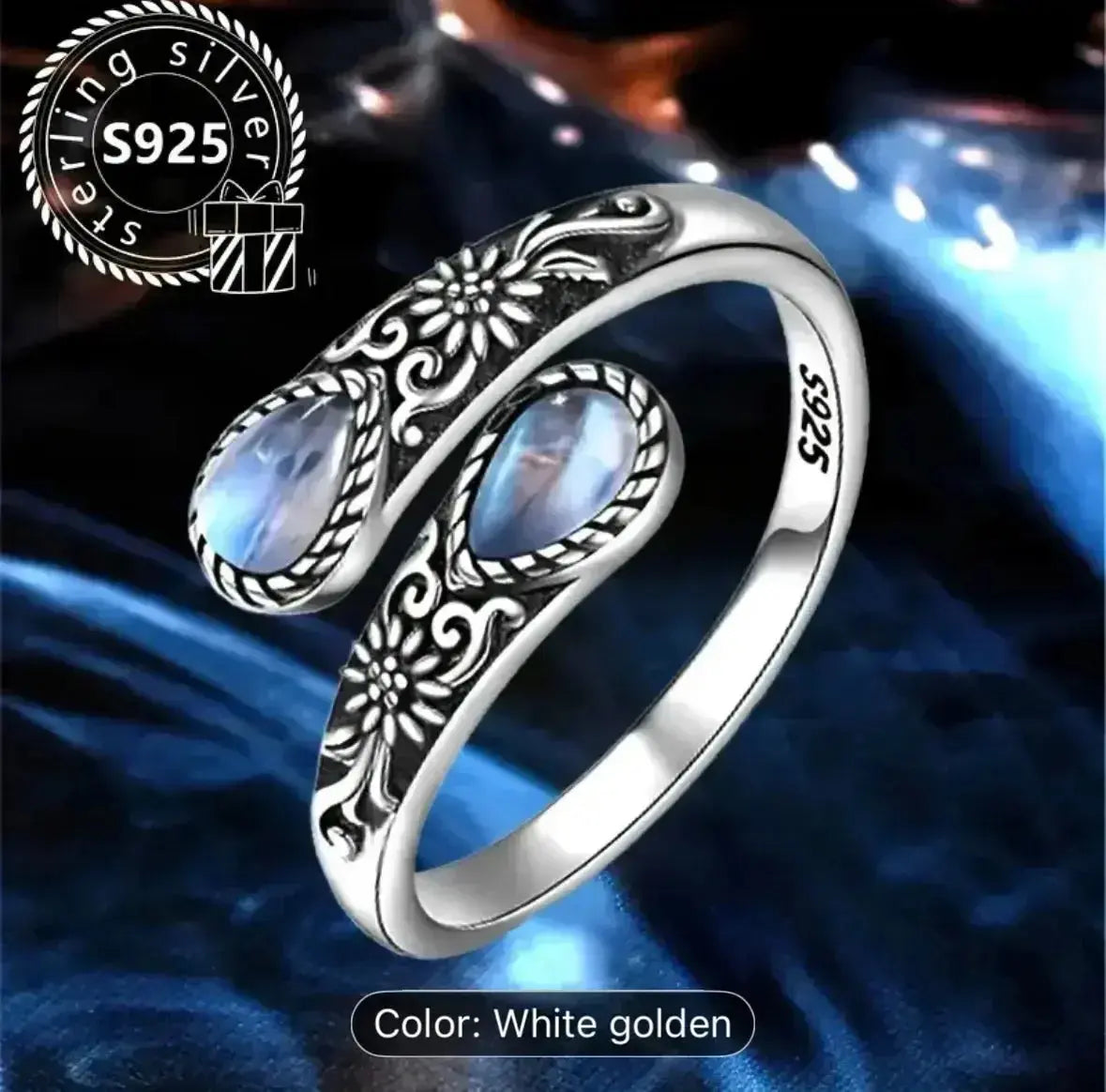 925 Silver twin Moonstone ring lunar harmony adjustable - CosmicBlueprint7