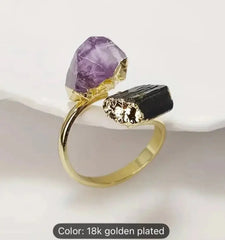 Amethyst & Black Tourmaline Dual Crystal Ring – 18K Gold Plated | Adjustable Energy Balance Ring - CosmicBlueprint7
