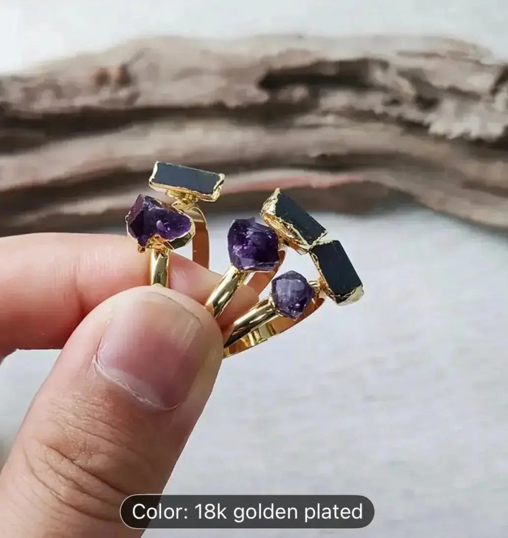 Amethyst & Black Tourmaline Dual Crystal Ring – 18K Gold Plated | Adjustable Energy Balance Ring - CosmicBlueprint7