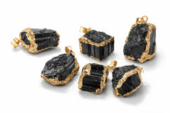 Black Tourmaline Pendant - Raw Crystal with Gold Edging CosmicBlueprint7