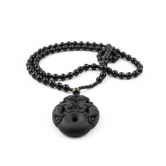 Handmade Black Obsidian Double Pixiu Necklace with 108 Mala Beads for Protection