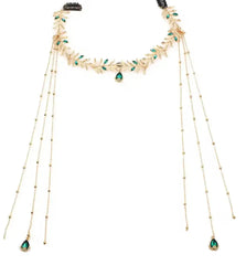 Goddess Bridal Headdress Fashion Golded Alloy Leaf Green Crystal Long Chain Tassel Head Chain Women's Forehead Jewelry - CosmicBlueprint7