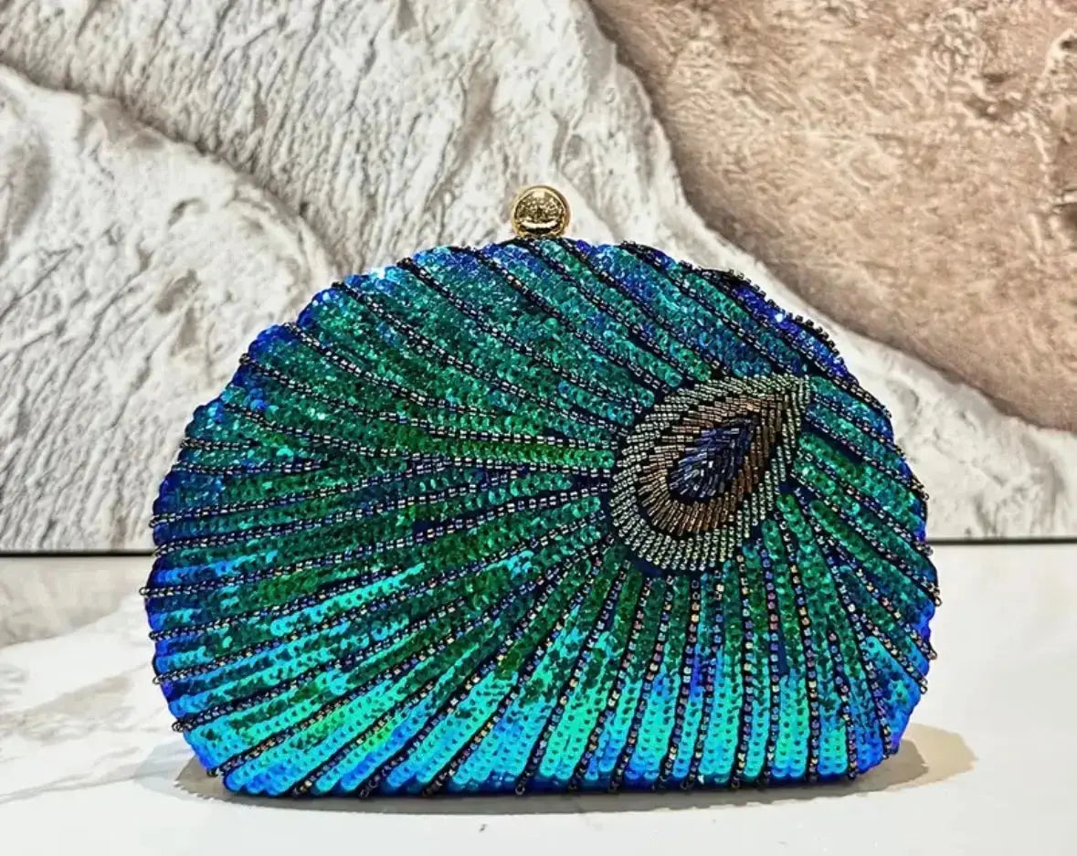 Peacock Beaded Evening Clutch - Luxury Statement Bag - CosmicBlueprint7