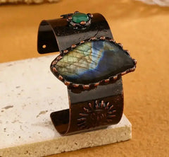 Crystal Cuff Bracelet - Copper Sun Symbol with Natural Stone - CosmicBlueprint7