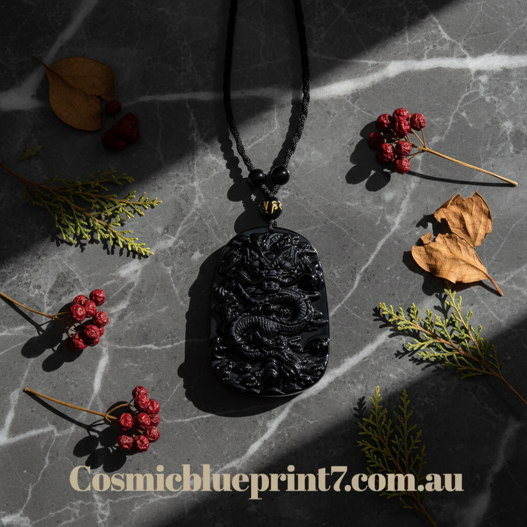 Black Obsidian Dragon Pendant - Flat Lay