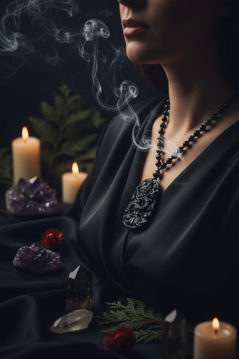 Black Obsidian Dragon Pendant - Lifestyle