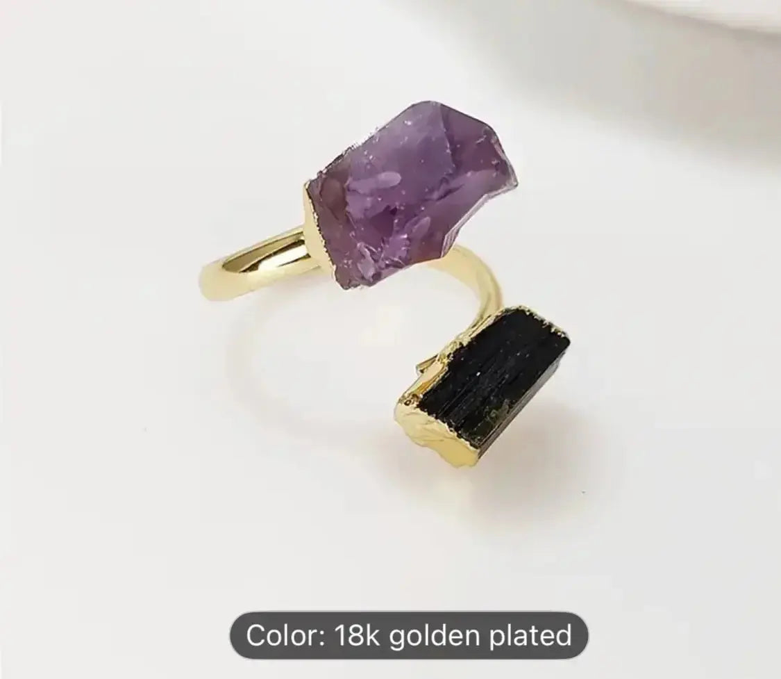 Amethyst & Black Tourmaline Dual Crystal Ring – 18K Gold Plated | Adjustable Energy Balance Ring - CosmicBlueprint7
