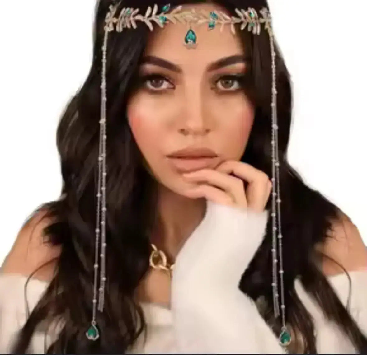 Goddess Bridal Headdress Fashion Golded Alloy Leaf Green Crystal Long Chain Tassel Head Chain Women's Forehead Jewelry - CosmicBlueprint7