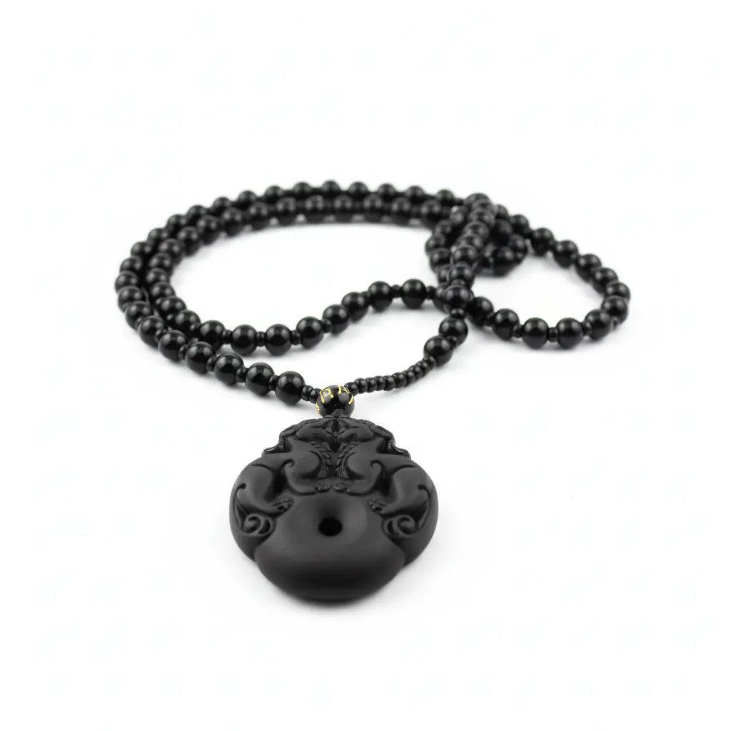 Handmade Black Obsidian Double Pixiu Necklace with 108 Mala Beads for Protection