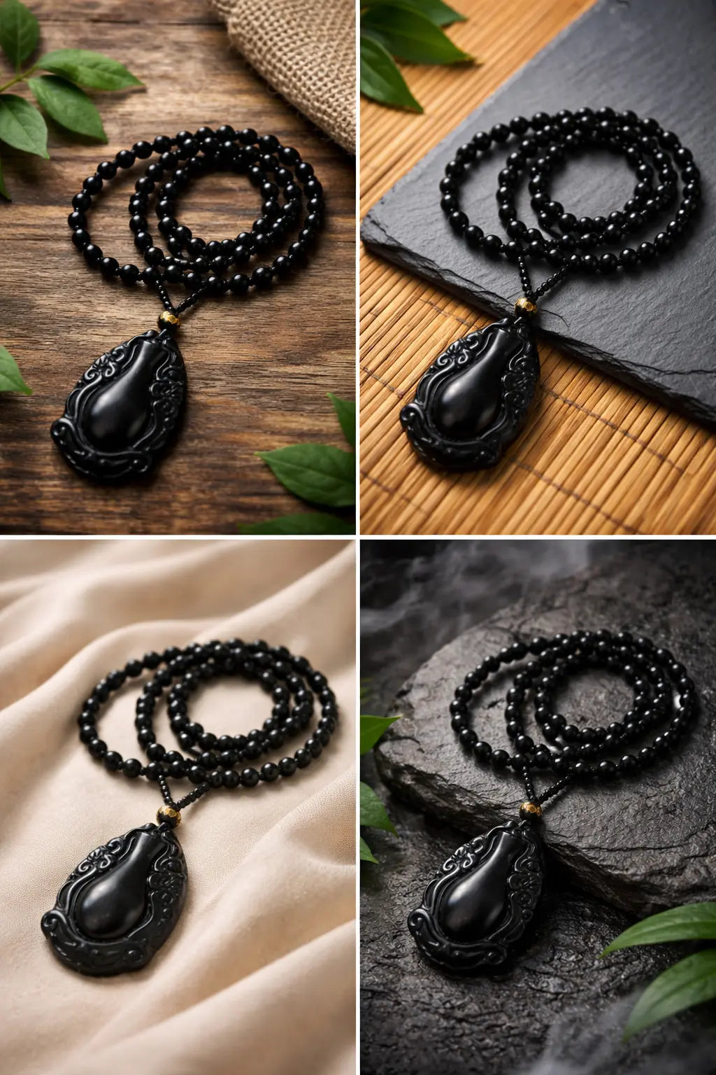 Elixir of Life Black Obsidian Pendant with Polished Beads CosmicBlueprint7