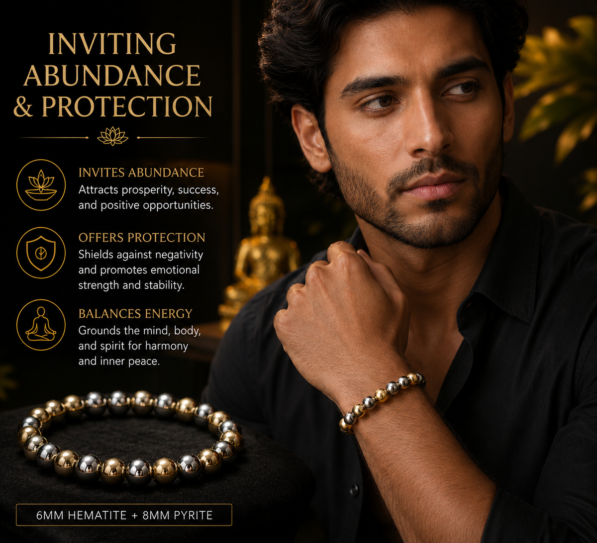 Pyrite + Hematite Protection Bracelet 6MM Hematite + 8MM Pyrite