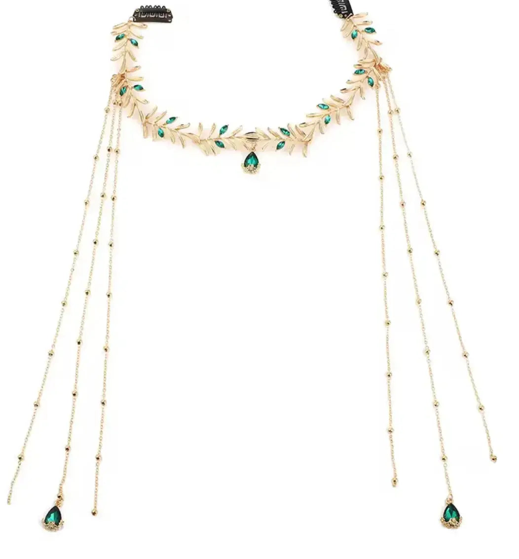 Goddess Bridal Headdress Fashion Golded Alloy Leaf Green Crystal Long Chain Tassel Head Chain Women's Forehead Jewelry - CosmicBlueprint7