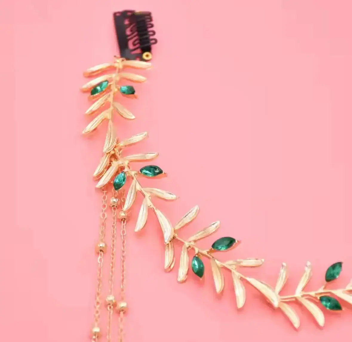 Goddess Bridal Headdress Fashion Golded Alloy Leaf Green Crystal Long Chain Tassel Head Chain Women's Forehead Jewelry - CosmicBlueprint7