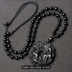 Men's Natural Obsidian Dragon Pixiu Necklace Pendant with Peace Buckle Amulet - Retro Style and Powerful Protection - CosmicBlueprint7