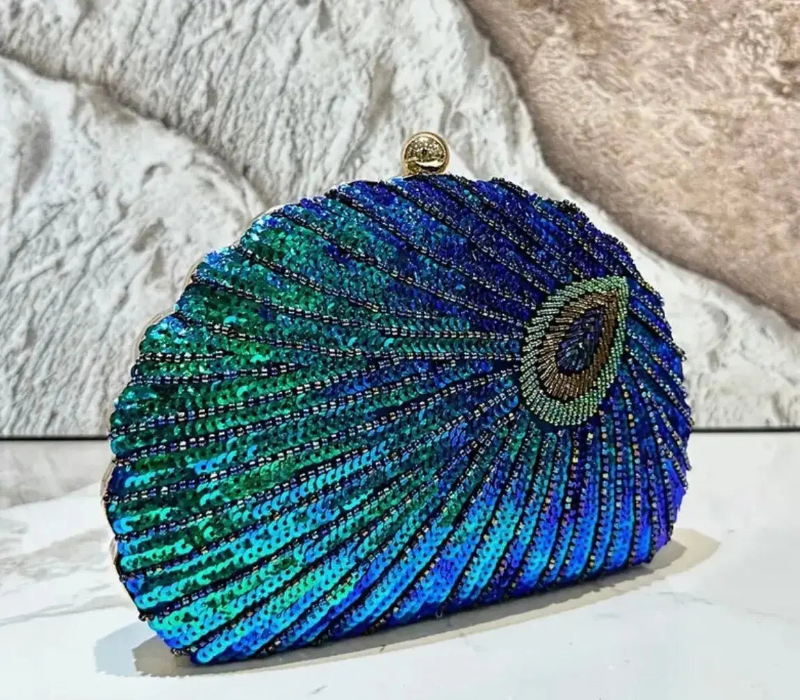 Peacock Beaded Evening Clutch - Luxury Statement Bag - CosmicBlueprint7