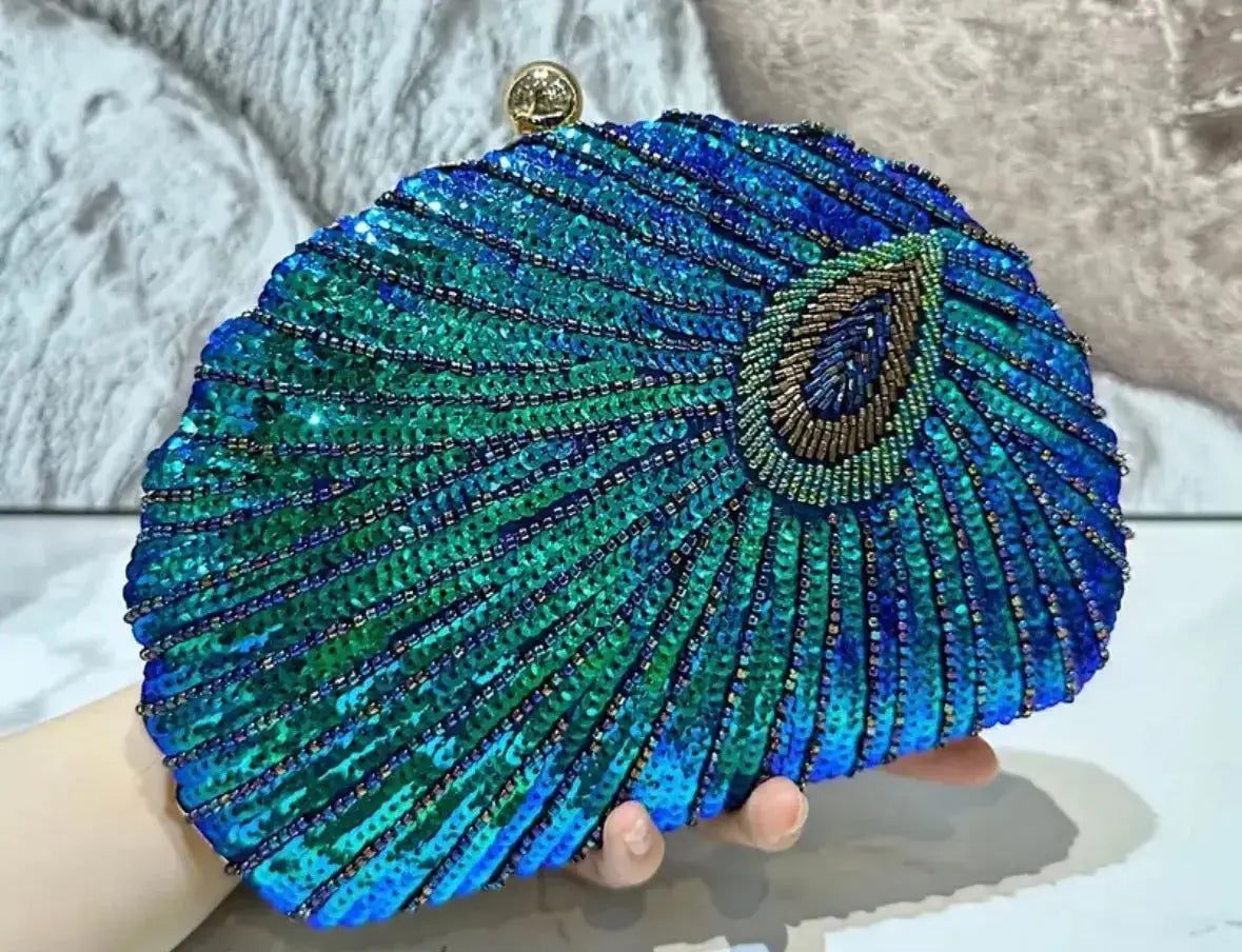 Peacock Beaded Evening Clutch - Luxury Statement Bag - CosmicBlueprint7