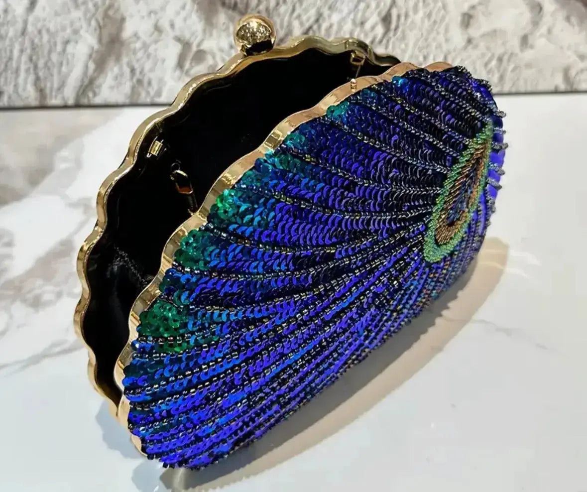 Peacock Beaded Evening Clutch - Luxury Statement Bag - CosmicBlueprint7