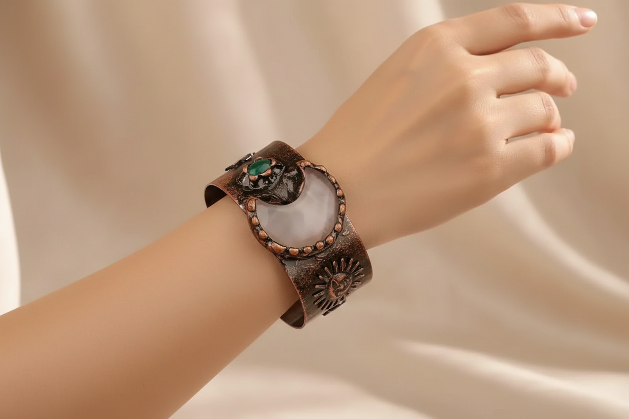 Crystal Cuff Bracelet - Copper Sun Symbol with Natural Stone