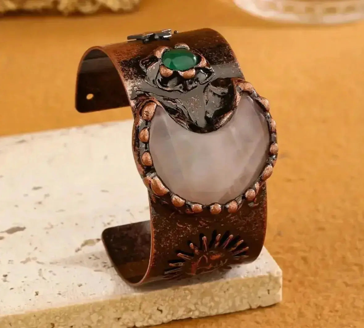 Crystal Cuff Bracelet - Copper Sun Symbol with Natural Stone - CosmicBlueprint7