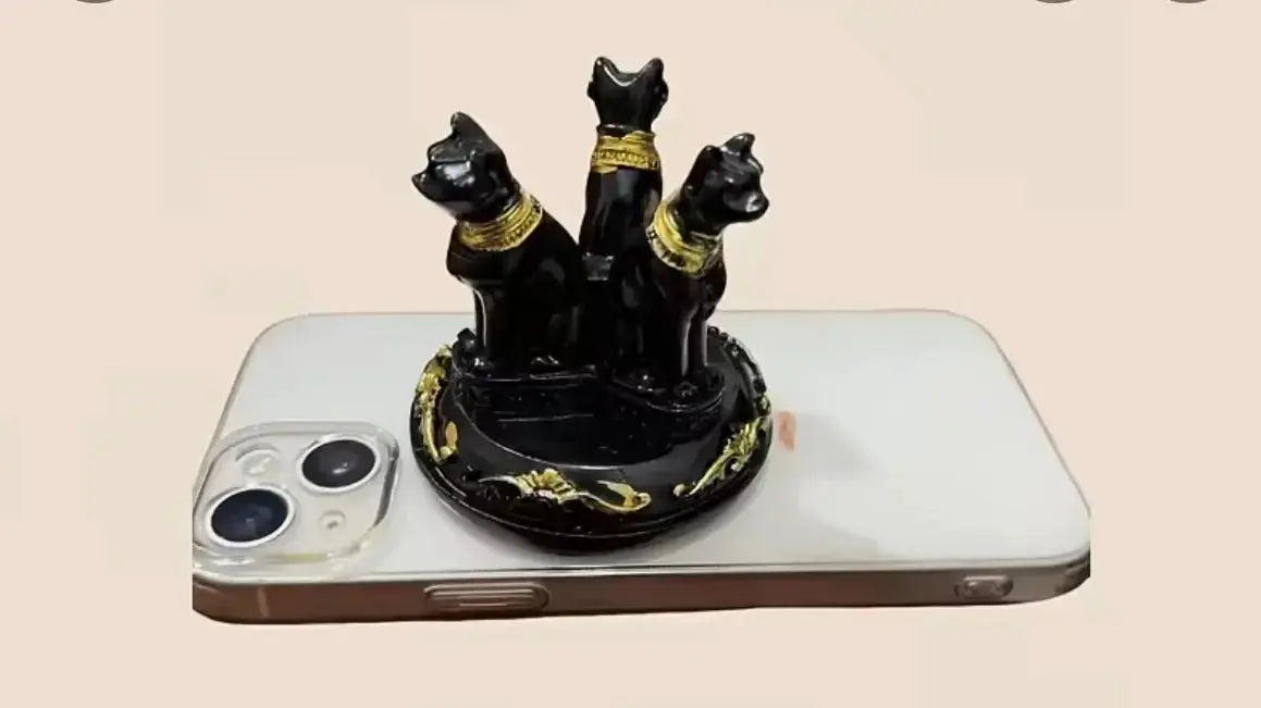 Egyptian Cat Crystal Ball Stand - Black & Gold Resin Holder - CosmicBlueprint7
