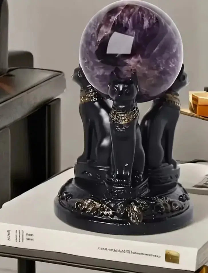 Egyptian Cat Crystal Ball Stand - Black & Gold Resin Holder - CosmicBlueprint7