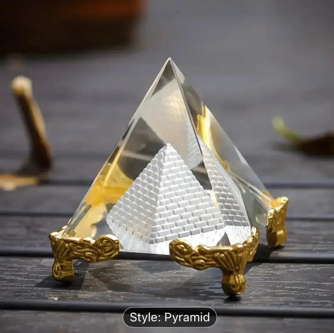 Crystal Pyramid with Gold Stand - Sacred Geometry Energy Tool - CosmicBlueprint7
