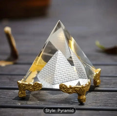 Crystal Pyramid with Gold Stand - Sacred Geometry Energy Tool - CosmicBlueprint7