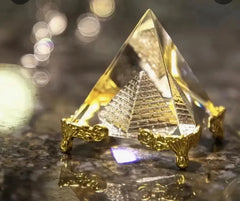Crystal Pyramid with Gold Stand - Sacred Geometry Energy Tool - CosmicBlueprint7