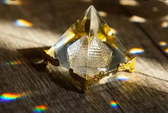 Crystal Pyramid with Gold Stand - Sacred Geometry Energy Tool - CosmicBlueprint7