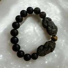 Wealth Bracelet Gold Obsidian Pixiu, bead with Mantra and Tiger Eye - CosmicBlueprint7