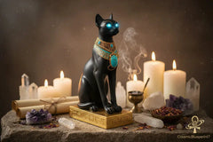 Bastet Egyptian Cat Statue - Black & Gold Goddess Figurine - CosmicBlueprint7